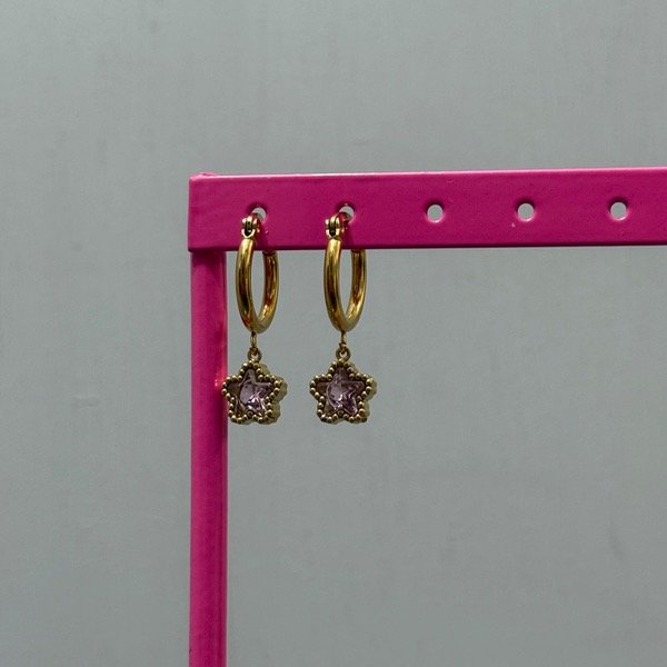 Producto - Aros acero dorado estrella strass rosa