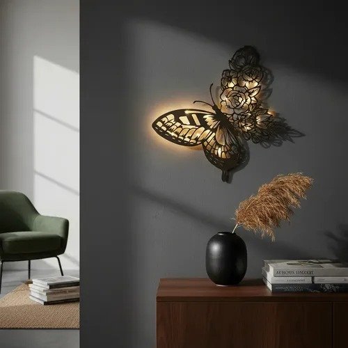 Producto - Cuadro Mariposa Pared Con Luz Led Madera Fibrofacil - 0