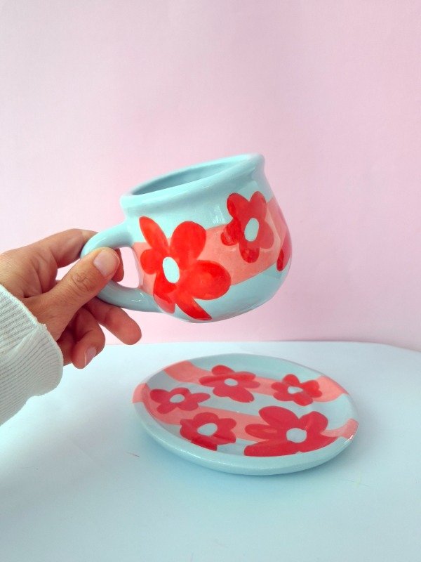 Producto - Taza y plato -  Flores rosas fondo celeste