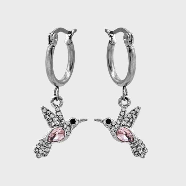 Producto - Argollas de acero quirúrgico con dije - Brillo - Colibri rosa