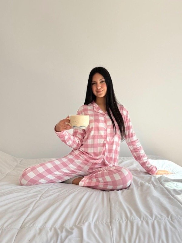 Producto - Pijama camisero cuadritos rosa