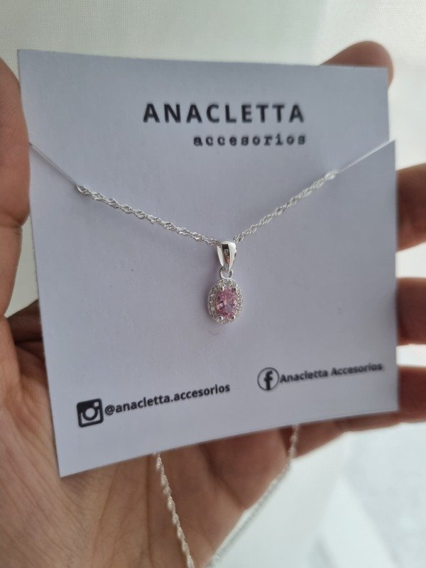 Producto - Gargantilla cubic rosa ovalado con zircones blancos 40cm plata 925