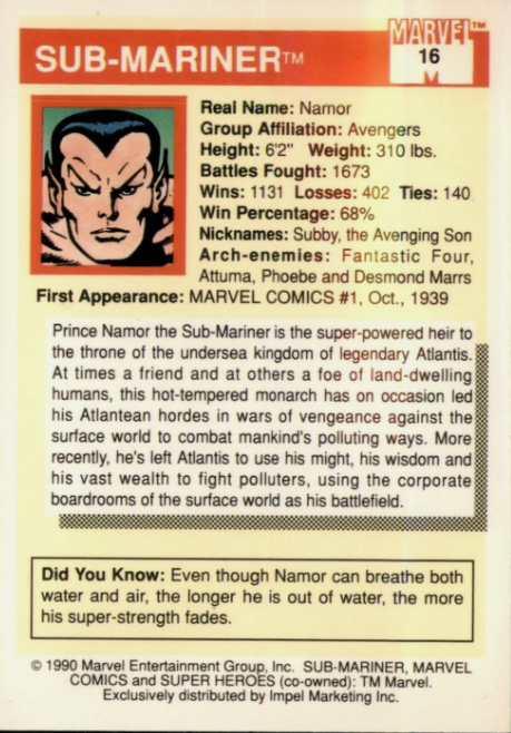 Producto - 1990 Impel Marvel Universe #16 - Sub-Mariner - 1
