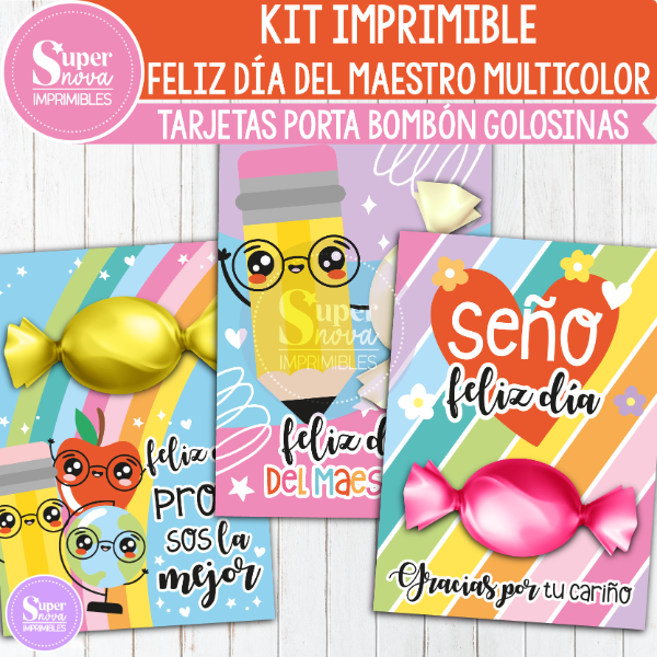 Producto - KIT IMPRIMIBLE FELIZ DÍA DEL MAESTRO MULTICOLOR TARJETAS PORTA BOMBÓN