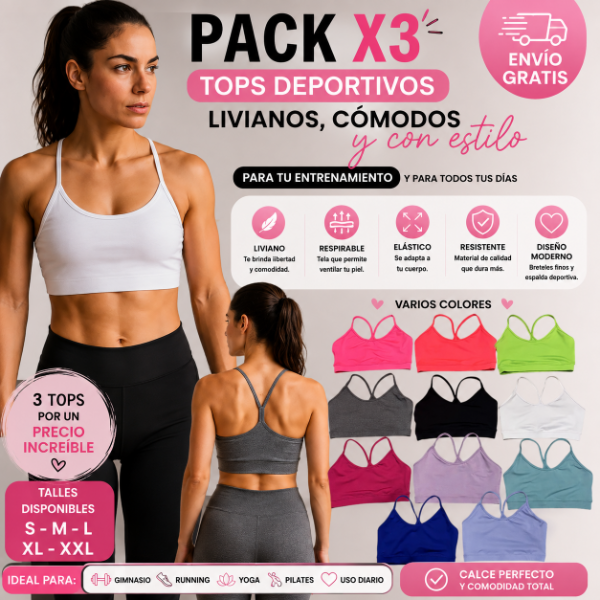 Producto - Pack x3 Tops Deportivos Mujer Breteles Finos Varios Colores Lycra Premium
