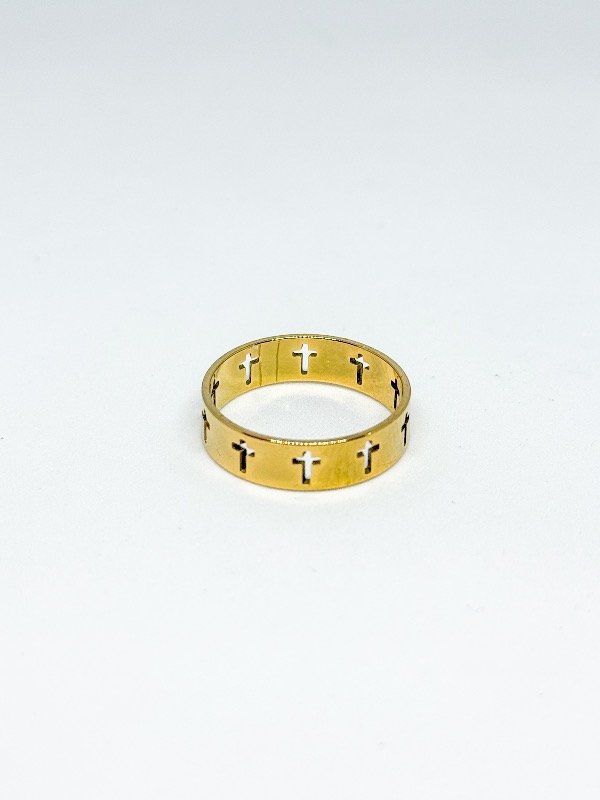 Producto - Anillo acero dorado con cruz calado