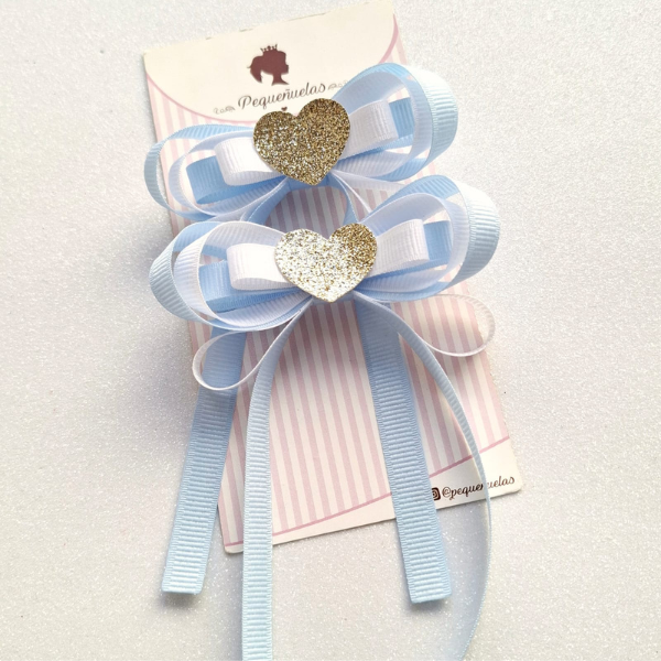 Producto - Moños Emilia Celeste, Blanco y Dorado