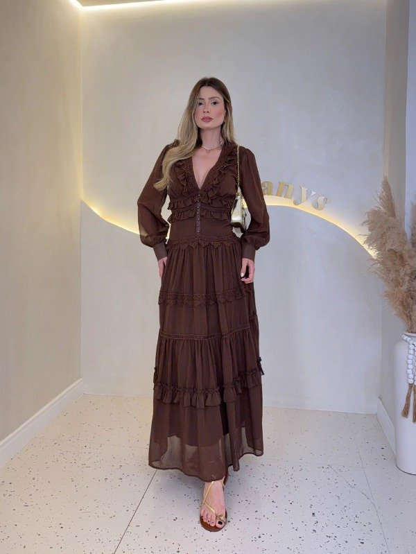Producto - Vestido ML gasa guipiur botones forrados Chocolate importado294br