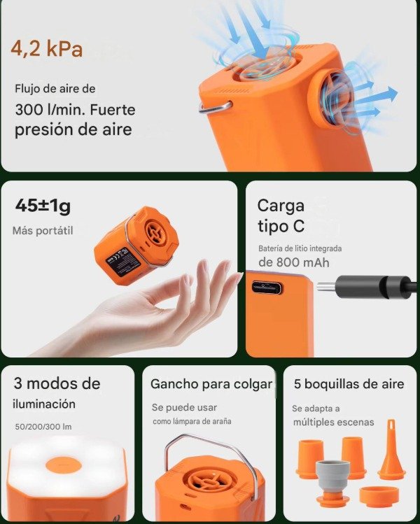 Producto - Mini Inflador Eléctrico Recargable Qunature  4.2kPa, Linterna y USB-C - 2
