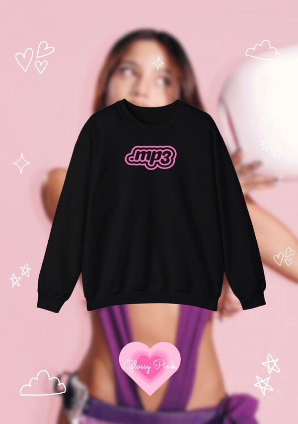 Producto - Buzo negro cuello redondo MP3 glitter frisado