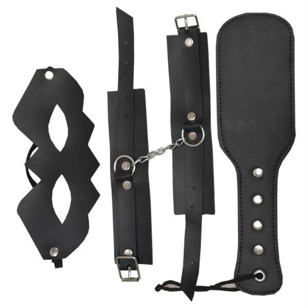 Producto - Kit de cuero esposas, antifaz y fusta