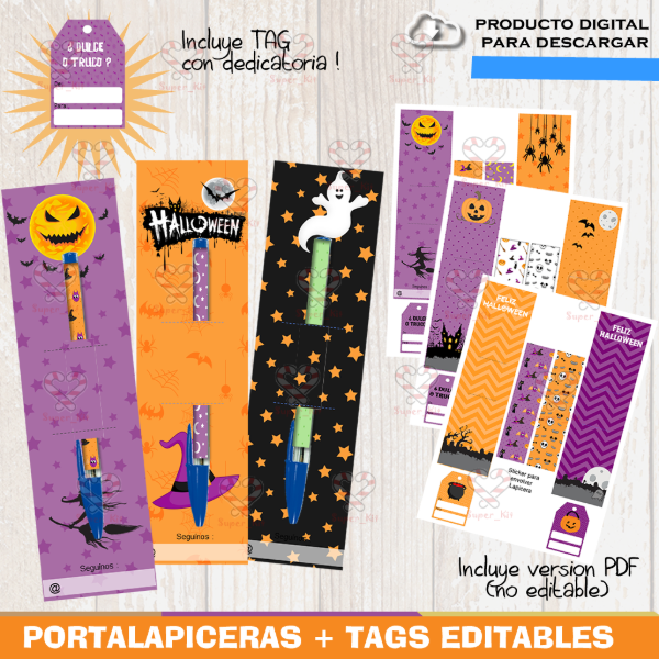 Producto - Kit Imprimible Halloween Portalapiceras Lapiz + Tag Editable