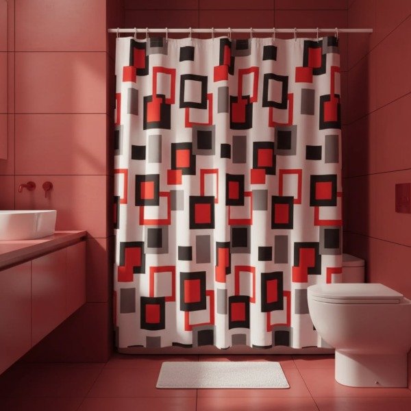 Producto - CORTINA PARA BAÑO DE RASO TEFLONADA ESTAMPA "CUADROS"