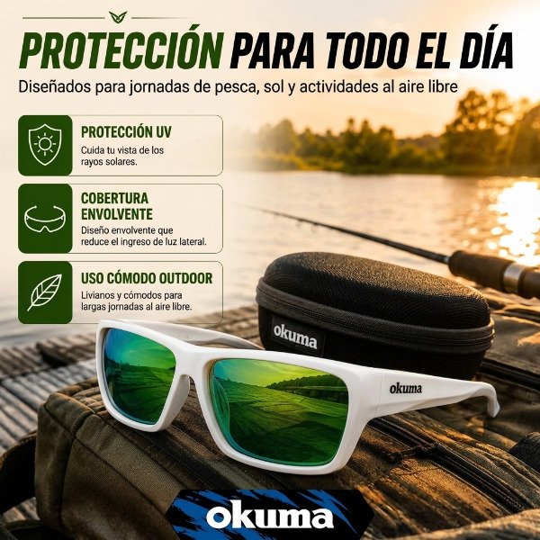 Producto - Anteojo Okuma Verde o Gris Mirror-B Espejados Polarizados UV400 Marco Blanco - 16