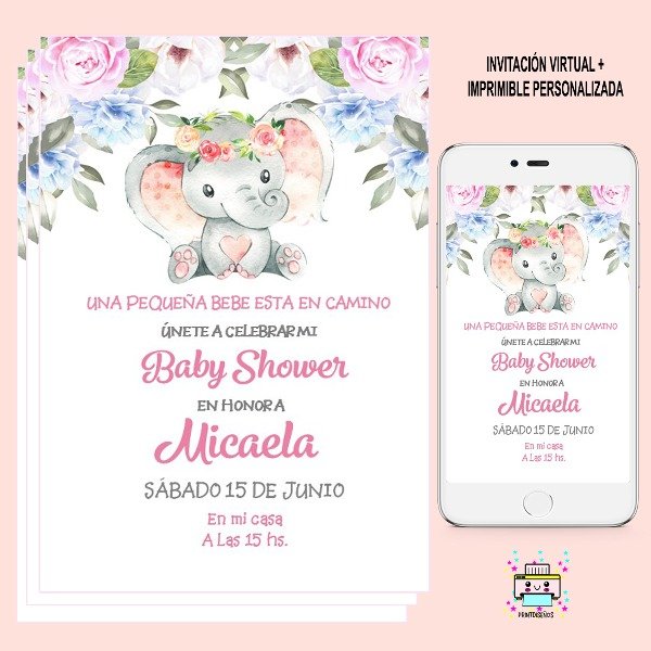 Producto - Tarjeta Invitación Baby Shower Digital Whatsapp  Elefantito niña