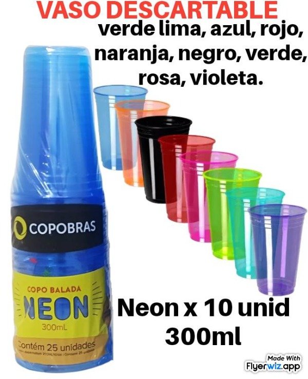 Producto - VASO plastico NEON PPT 300ML X 10 UN VARIOS COLORES fluo