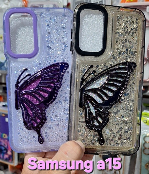 Producto - Fundas reforzadas glitter popsocket mariposa. Samsung a15