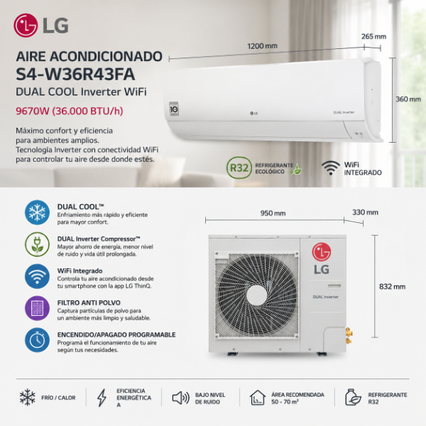 Producto - AIRE ACONDICIONADO LG S4-W36R43FA - 9670 W - DUAL COOL INVERTER WiFi