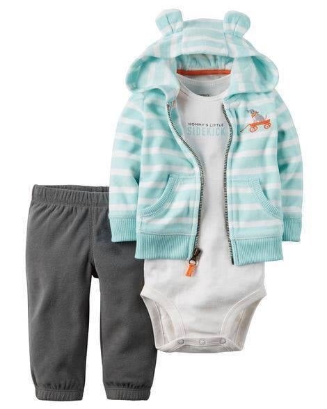 Producto - Trio Micropolar Bebe con Campera Rayada Celeste y Blanca Perrito