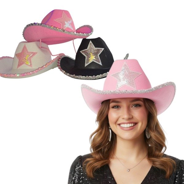 Producto - Sombrero Vaquero Estrella Lentejuelas Blanco / Negro / Rosa