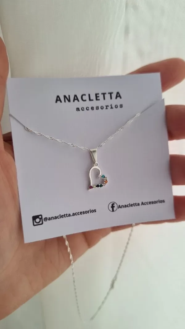 Producto - Gargantilla corazon abierto con cubics de colores plata 925 40cm