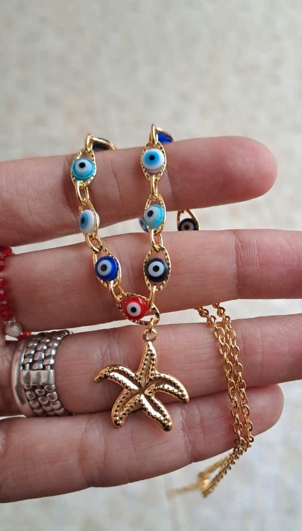 Producto - Collar enchapado en oro 36cm más 5cm de alargue con Ojos y dije Estrella - 1