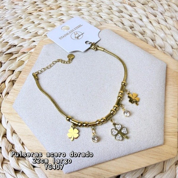 Producto - Pulsera Dije Trebol en Acero Dorado DB