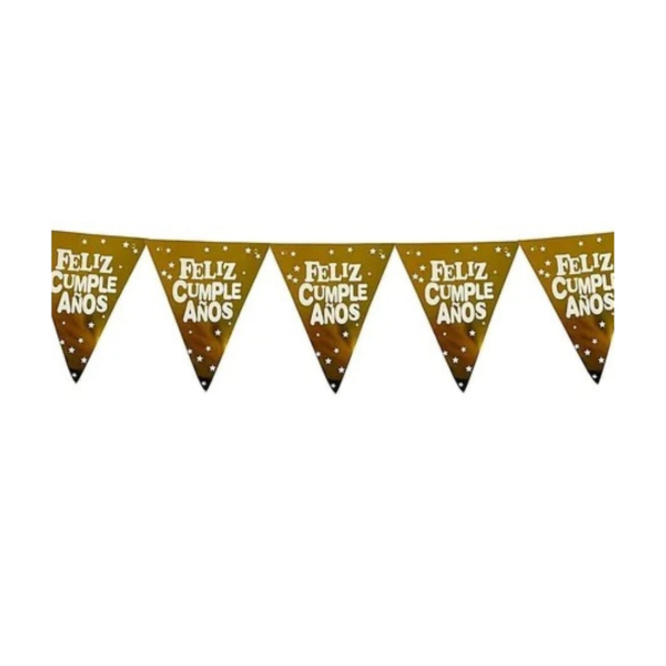 Producto - Banderin triangular metalizado FELIZ CUMPLEAÑOS color dorado letra plateada