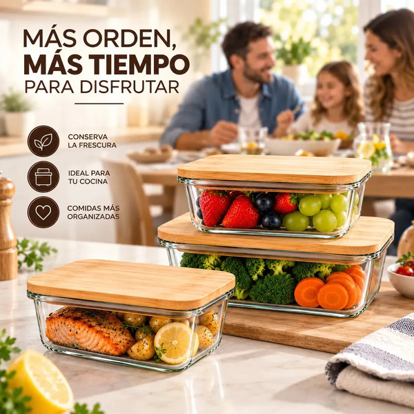 Producto - Set X3 recipientes hermetico -vidrio -tapa de bambu -apto microondas/horno/freez - 6