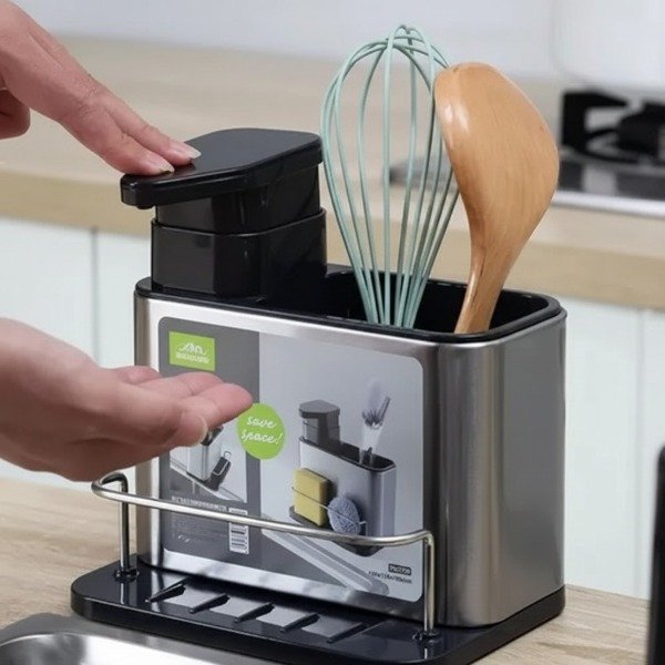 Producto - ORGANIZADOR BACHA DISPENSER DE DETERGENTE PORTA ESPONJA ACERO INOX