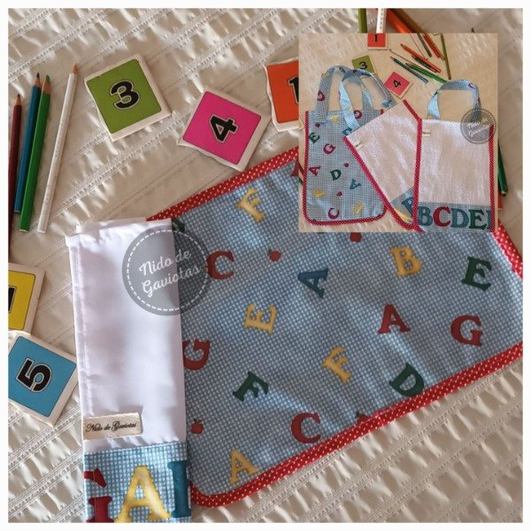 Producto - INDIVIDUAL PARA NIÑOS PLASTIFICADO + SERVILLETA + BABERO "KINDER"