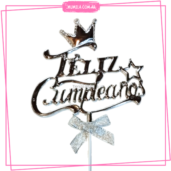Producto - Topper Feliz cumpleaños plateado corona FC13