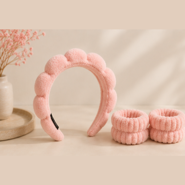 Producto - Set Skincare Vincha Soft + Muñequeras Rosa