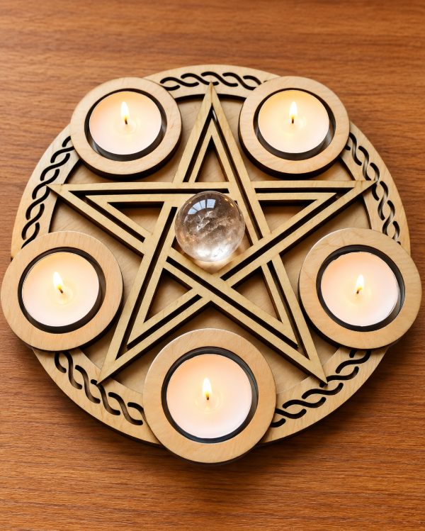 Producto - Pentáculo Ritual de Madera - Portavelas y Portacristales x5 - 0