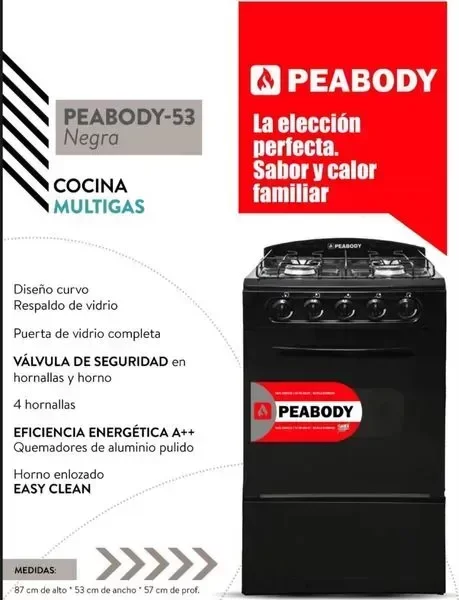 Producto - COCINA PEABODY 4 HORNALLAS NEGRA MULTIGAS