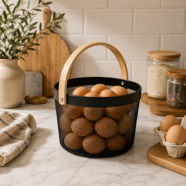 Producto - Canasto Organizador Negro con Asa de Madera Porta Huevos y Frutera - 1