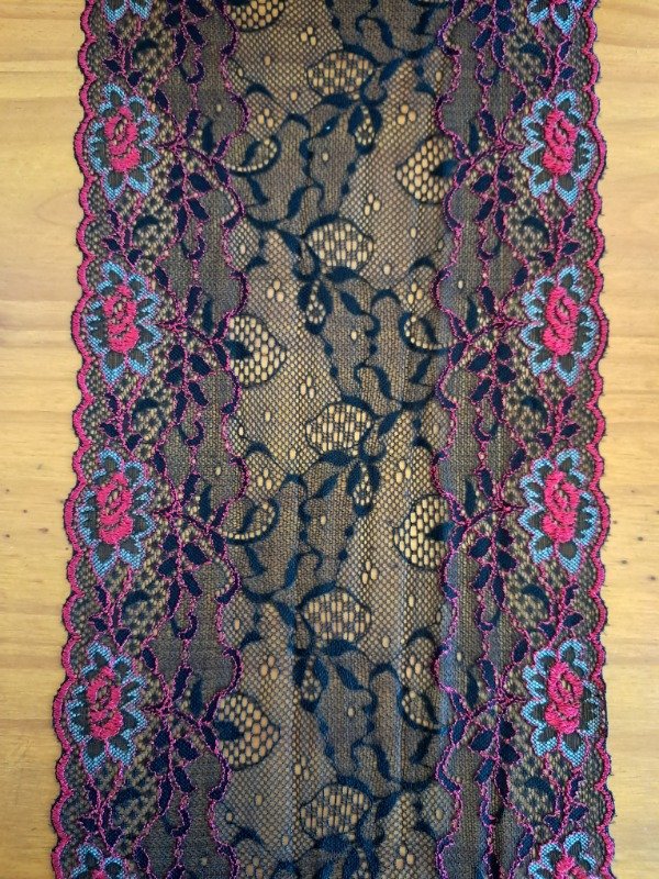Producto - Puntilla elastizada combinada negro con fucsia 9257 18cm