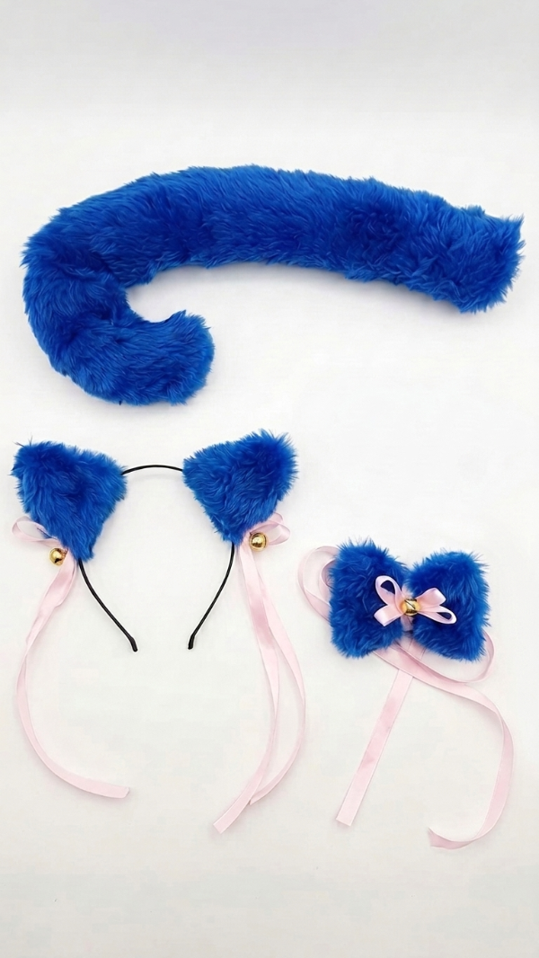 Producto - conjunto neko gato peluche azul cintas rosas - 0