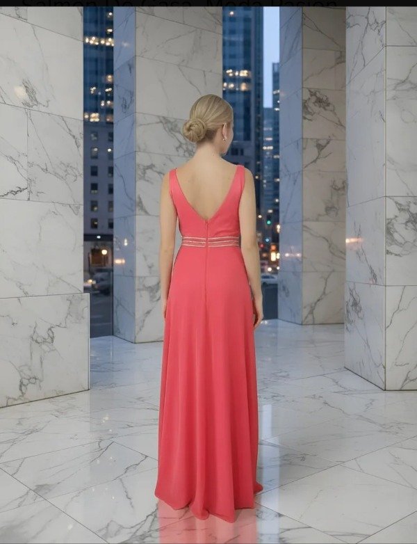 Vestido largo coral escote v falda amplia con brillos — imagen 2
