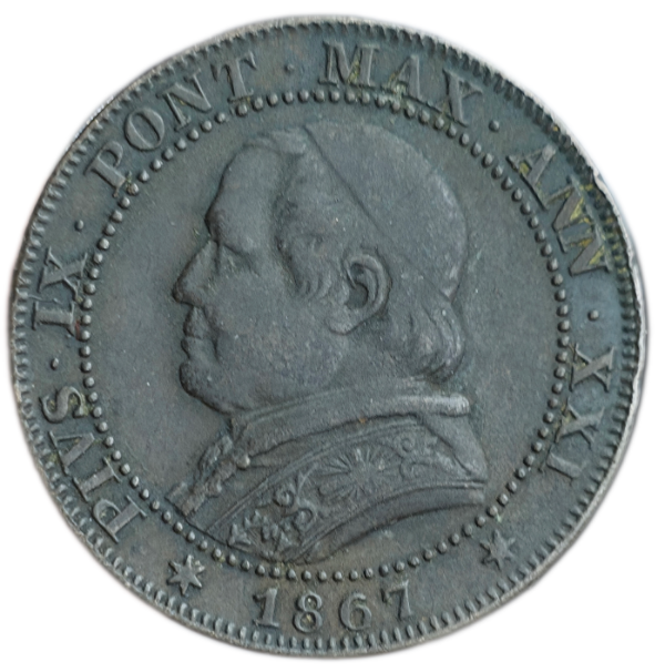 Producto - Estados Pontificios 1 Soldo 1867 Papa Pío IX Km#1372.2 VF+