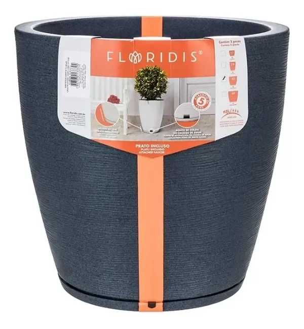 Producto - Maceta Floridis Plástica Grande Rotomoldeada Simil Piedra 40x45 Plato Gris Claro