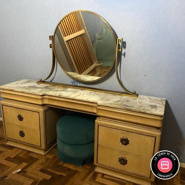 Producto - DRESSOIRE CON MARMOL Y ALZADA EN BRONCE MACIZO 167x40x70 ESPEJO REDONDO #4988