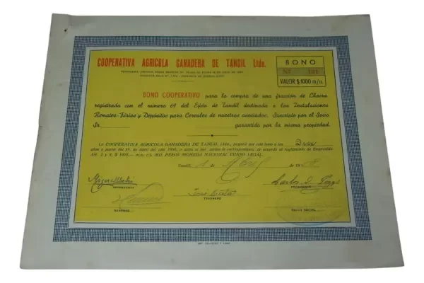 Producto - Bono Cooperativo Cooperativa Agricola De Tandil 1958 Numero 191 (usado)