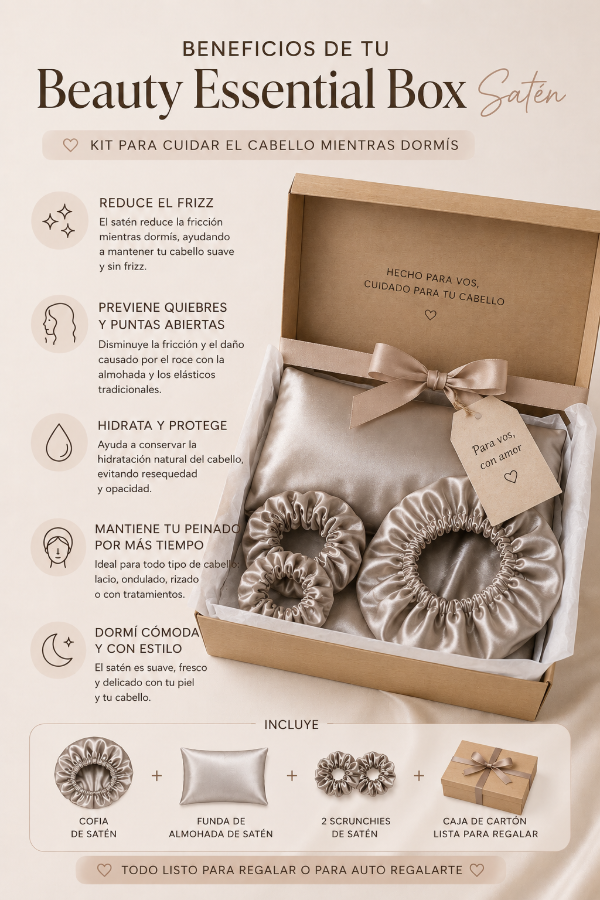 Producto - Beauty Essential Box Satén - Kit para Cuidar el Cabello Mientras Dormís - 2