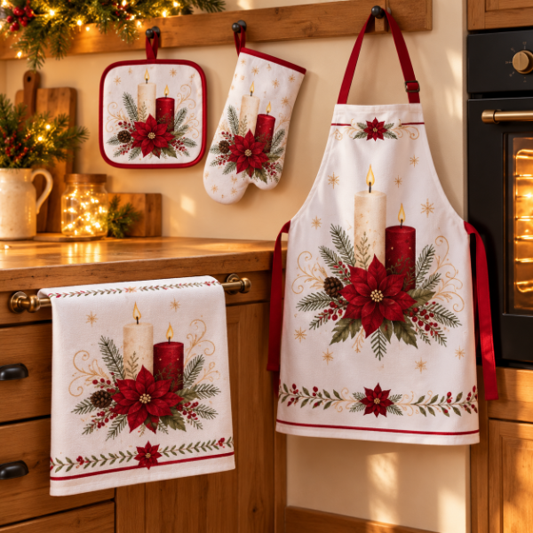 Producto - SET DE COCINA NAVIDEÑO 4 PIEZAS DELANTAL PAÑO GUANTE POSAFUENTE - 0