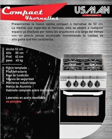Producto - COCINA USMAN INOXIDABLE COMPACT 52CM 4H P/V ACERO-