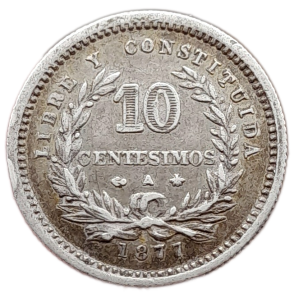 Producto - Uruguay 10 Centesimos 1877 Ceca A (París) Km#14 VF+
