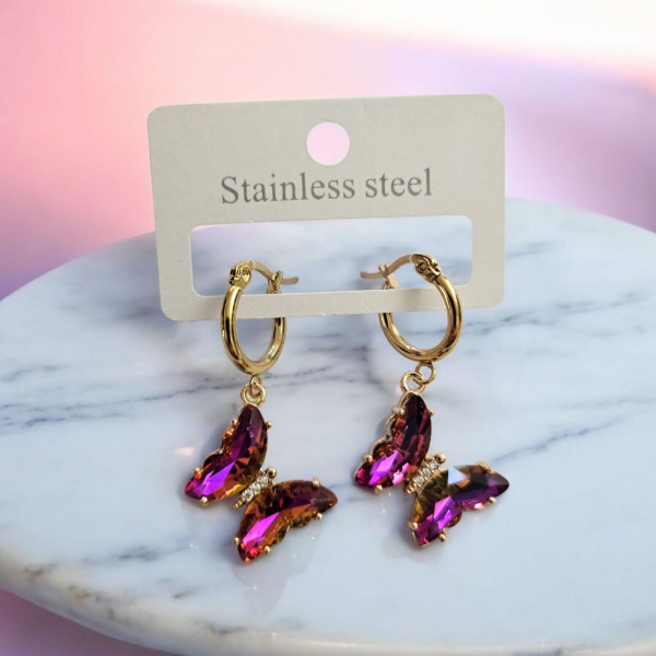 Producto - Aros dorados mariposa fucsia naranja
