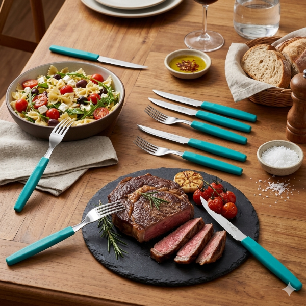 Producto - Cubiertos de Acero Set X 12 - Mango Plástico Turquesa