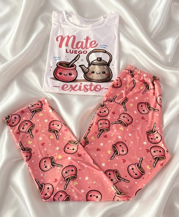 Producto - Pijama Largo Mate Luego Existo Rosa